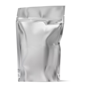 Foil bag blank. Silver plastic food pouch design. Zipper coffee packaging, resealable aluminum flex sachet. Chocolate powder packet, cocoa or spice wrap. Stand envelope container