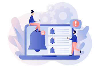Notifications. Ring bell as reminder pop up. Tiny people get chat messages notification on laptop. Modern flat cartoon style. Vector illustration on white background