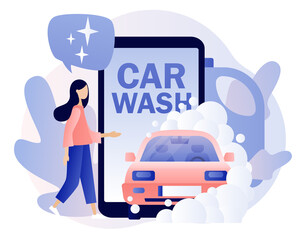 Car wash service smartphone app. Transport is clean. Tiny people washing automobile with water and foam. Modern flat cartoon style. Vector illustration on white background