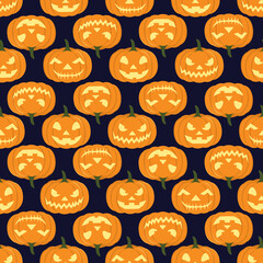 Jack-o-Lanterns Seamless Background for Halloween Festival. Isolated Carved Pumpkins on Dark Background. Suitable For Carving Competition, Party Invitation, Giftwrapping, Wallpapers, Fabric, Backdrops