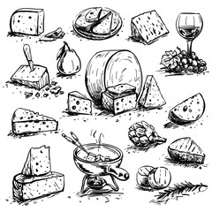 different types of cheese. black and white sketches - 460116403