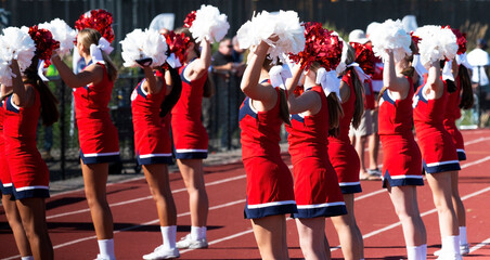 Cheerleaders holding their pom poms in the air while cheering to the fans