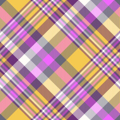 Seamless madras plaid pattern in purple, gray and orange. Diagonal print.  - obrazy, fototapety, plakaty