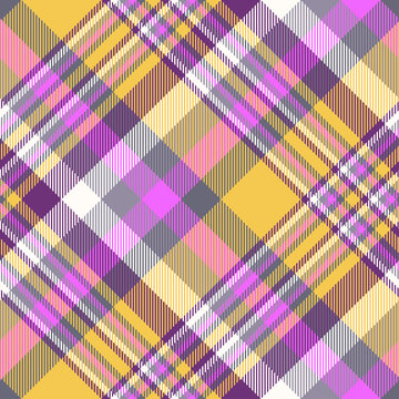 Seamless madras plaid pattern in purple, gray and orange. Diagonal print. 