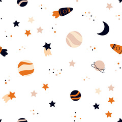Space seamless pattern with rockets and stars, in Scandinavian style
