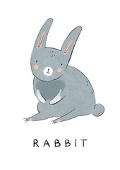 Cute blue baby rabbit illustration for children print