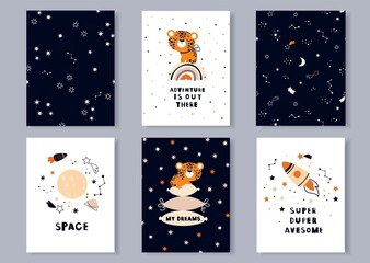 A set of posters with space in the Scandinavian style. Leopard on the rainbow. Cute animal cards