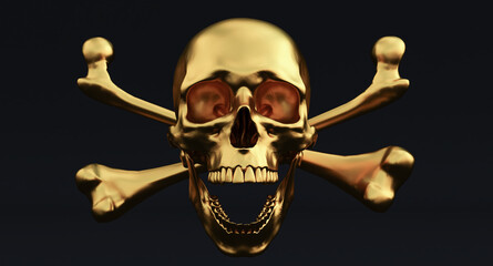 golden Skull and Crossbones Isolated on a black background.