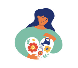 Self love, body care concept. Gentle to yourself vector illustration. Happy female grows garden within herself. Young woman irrigates inner flowers by watering can. Mental health psychological therapy