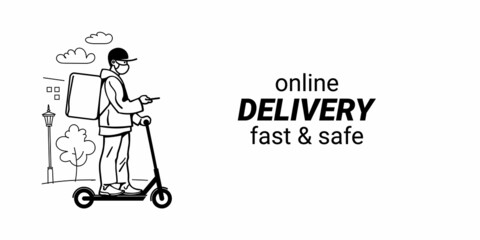 Delivery man in face mask riding electric scooter on background of urban landscape. Vector illustration.
