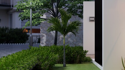 a view of the beautiful garden and front yard of a modern American style house that has been captured in surabaya, East Java, Indonesia