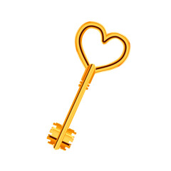 Vintage glossy antique golden door key in heart shape on white