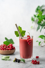 Red currant, raspberry, blackberry and blueberry smoothie. Transparent glass of berry healthy drink with bamboo tube