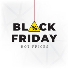 Black Friday Percent Symbol on Caution or Warning Sign Bold Logo and Hot Prices Lettering - Black and Yellow on White Repeating Triangles Background - Mixed Graphic Design
