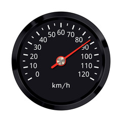Abstract speedometer of dark color with red arrow on white background. Speed from 0 to 120. Vector illustration.