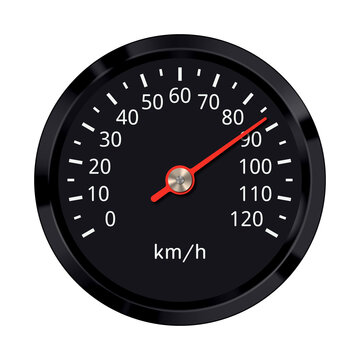Abstract speedometer of dark color with red arrow on white background. Speed from 0 to 120. Vector illustration.