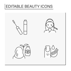 Beauty line icons set. Mascara, beauty injections, coconut cuticle moisturizing and natural shampoo. Spa concept. Isolated vector illustration. Editable stroke