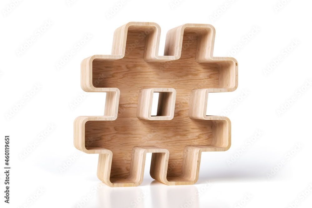 Poster wooden shelf in the shape of a hashtag sign with empty spaces to display products such as books, vas