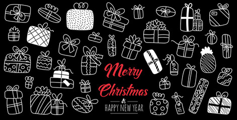 Set of hand drawn christmas gifts. Decoration isolated elements. Doodles and sketches vector illustration
