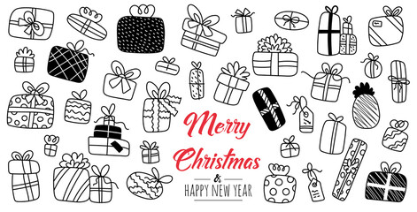 Set of hand drawn christmas gifts. Decoration isolated elements. Doodles and sketches vector illustration
