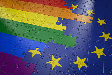 Puzzle picture with LGBT and EU flag. 3D rendering.