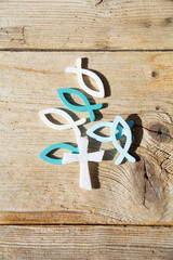 Cross with fish as a symbol for confirmation, communion, baptism - greeting card or invitation	
