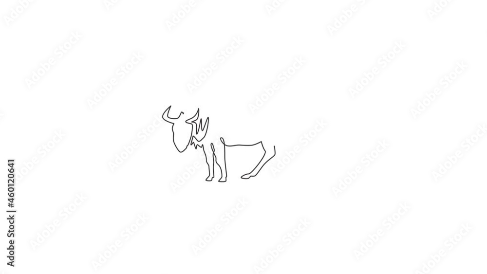 Poster animation of single one line drawing of dashing wildebeest for foundation logo identity. strong gnu 