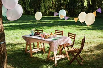 Full length background image of Summer picnic table outdoors decorated with balloons for Birthday...