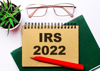 On a light background, gold-framed glasses, a flower in a pot, a green notebook, a red pen and a brown notebook with the text IRS 2022. Business concept