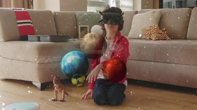 Little Adorable Caucasian Boy Learning Outer Space Atsronomy Lesson Interacting Flowing Animated 3D Render Visual Plantes Wearing VR Headset Home.