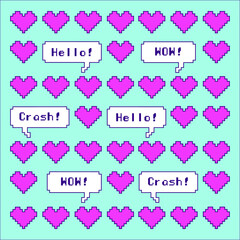 Pattern with 8 bit pixel art speech bubble and hearts. Social networks and messengers sticker.