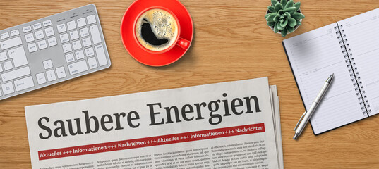 Zeitung auf Schreibtisch - Saubere Energien - obrazy, fototapety, plakaty