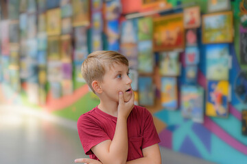 A surprised boy looks at paintings in an exhibition gallery.