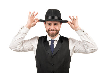happy mature guy in formalwear and retro hat isolated on white background, elegance
