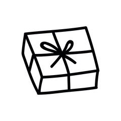 Single hand drawn gift box. Doodle vector illustration. Isolated on a white background.