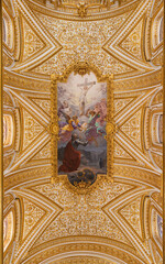 ROME, ITALY - AUGUST 30, 2021:  The ceiling fresco witht the Jesus on the cross and Saint in the...