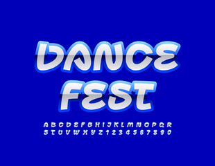 Vector stylish Banner Dance Fest. Playful bright Font. Glossy Alphabet Letters and Numbers.