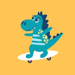 Cute dino on a skate, vector illustration.