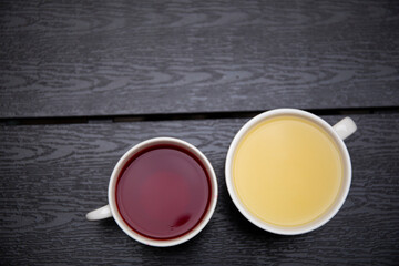Tea cups. Wooden table. Tea time 