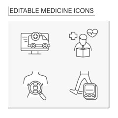 Medicine line icons set. Spine examination, pedometer, doctor and emergency car. Healthcare concept. Isolated vector illustrations. Editable stroke