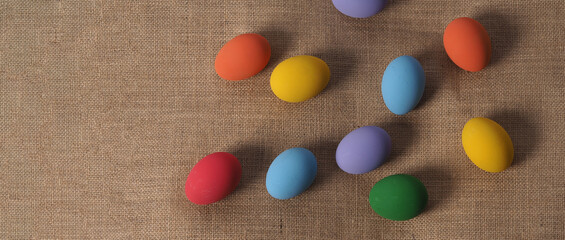 Easter eggs or color egg. Multi-colorful of easter eggs on background in studio with close-up shot which include many colour such as yellow, green, blue, purple, red on festival eggs by art painting.