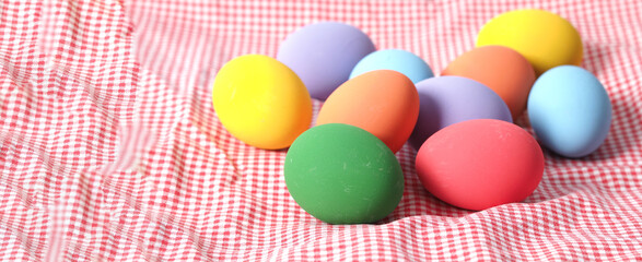 Easter eggs or color egg. Multi-colorful of easter eggs on background in studio with close-up shot which include many colour such as yellow, green, blue, purple, red on festival eggs by art painting.