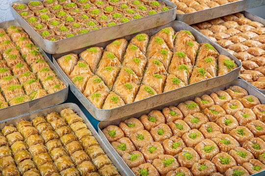 Baklava shop.Traditional array baklava in turkish dessert shop. Mixed tray baklava, turkish baklava, turkish culture.