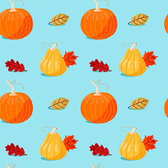 Cute seamless pattern with hand drawn pumpkins and autumn leaves on light blue background. Pattern for thanksgiving, halloween, gift wrapping or textile.