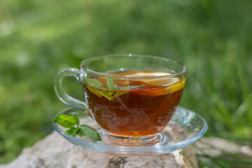 Tea in bloom stands on a stone in the garden, served with lemon and fresh mint leaves. .Selective Focus glass