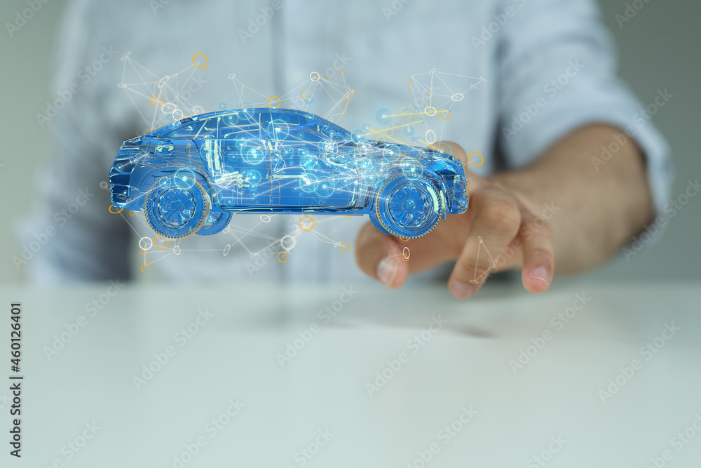 Poster hologram auto, futuristic polygonal model auto.