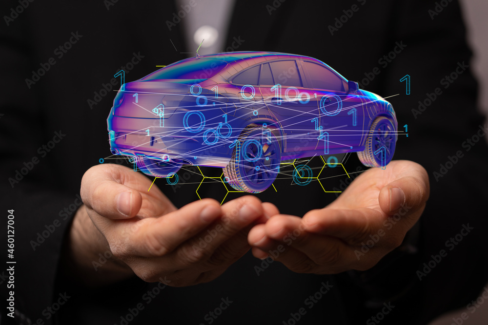 Poster electric car icon from lines, triangles and particle style