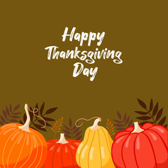 Vector Thanksgiving Day Greeting Card. Pumpkins of different shapes on a brown background. Square vector template, illustration for advertising, flyers, ads.