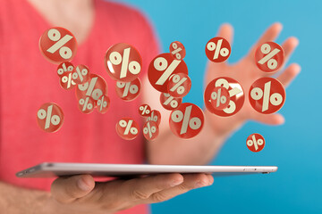 Red cubes percent falling on a white background. 3d rendering. Illustration for advertising.