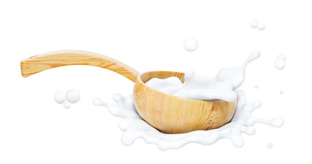Milk splashing. Spoon, splash, yoghurt, milky.  Natural dairy products. 3d rendering